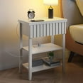 thumbnail image 6 of Narrow End Table with Charging Station, Fluted Side Table with Drawer for Small Space, Modern Nightstand with Storage Shelves for Living Room Bedroom, Light Brown, 6 of 7