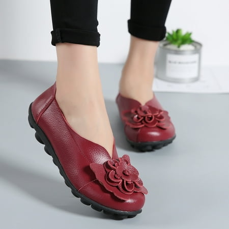 

HIBRO Women s Soft Leather Flat Casual Shoes Comfortable Flower Slip on Single Shoes