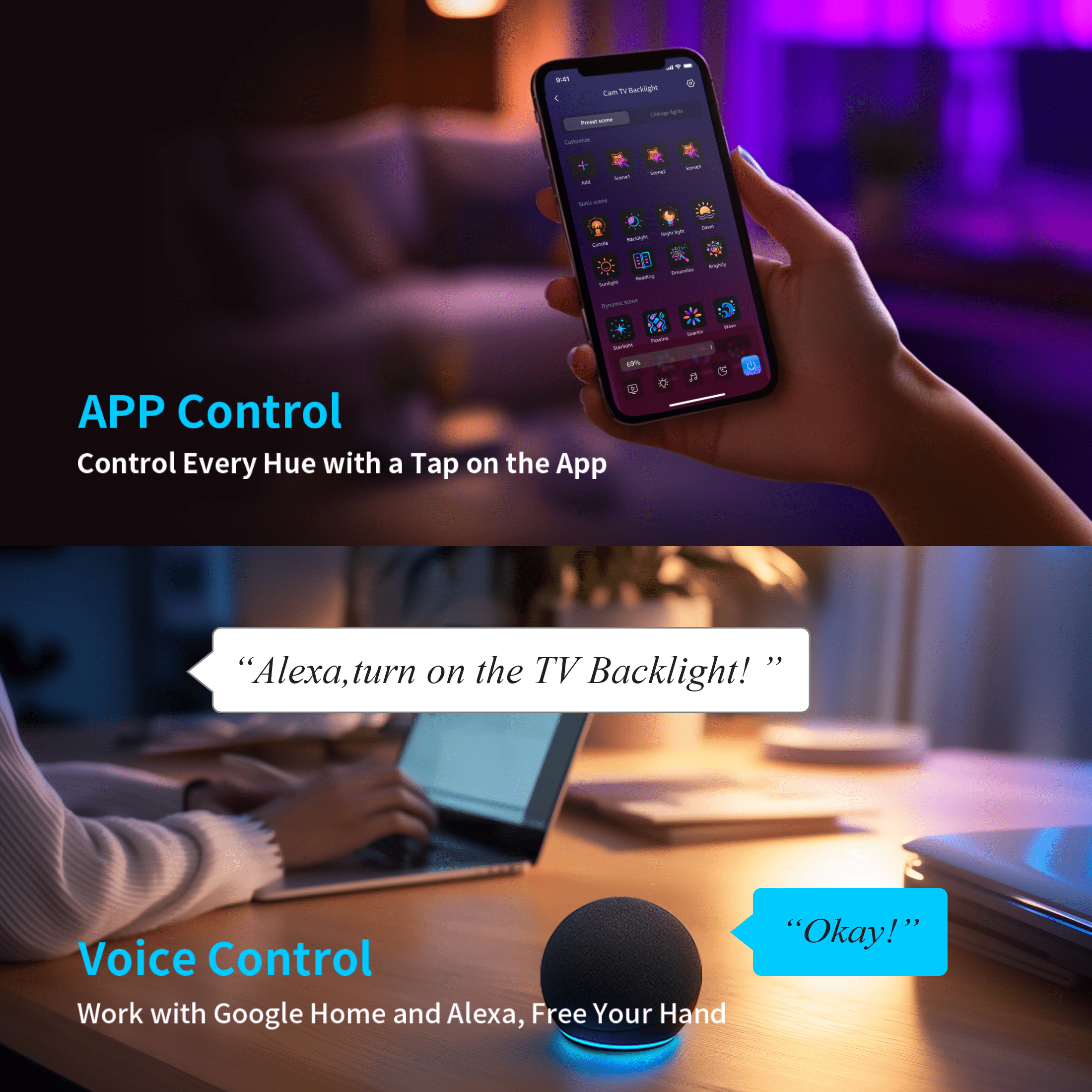 Ailofy Smart LED Backlight with Camera for 40-50 inch Screens, 7.87ft LED Strip Lights Sync to Screen & Music, Color Changing Lights Work with Alexa & Google Assistant, App Control