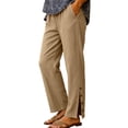 thumbnail image 2 of CFLVAEK Cotton Pants for Women Trendy Wide Leg Side Split Pant Casual Summer Elastic Waisted Lounge Trousers with Pockets Khaki M, 2 of 9