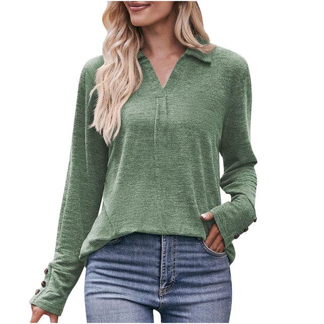 Pompotops Mode Femme Solide Décontracté Bouton Manches Longues Col en V Haut Manches Longues en Solde