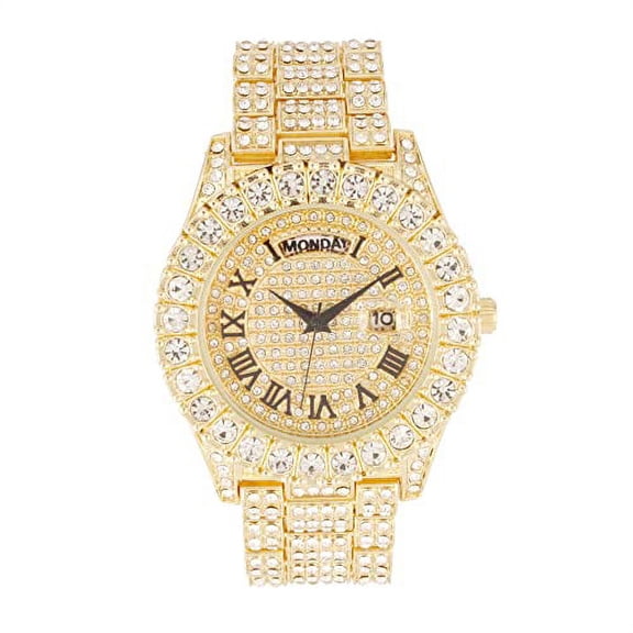 Charles Raymond Big Rocks Fully Iced Out Diamond Mens Watch w/Easy Read Date &Day and Colorful Dials- Designer Hip Hop Blinged Out Timepiece - ST10535 (ST10535-RN Gold)