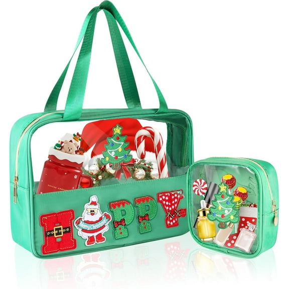 2pcs/Set Christmas Theme Happy Chenille Letter Bag Clear Flat Pouch, Multi-Purpose PVC Cosmetic Bags, Travel Makeup Bag