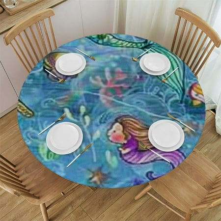 

Sheronv Mermaids Fish Starfish Round Table Cover Stain Resistant Washable for Indoor Outdoor Kitchen Dining Wedding Parties 100% Polyester Fiber Picnic Farmhouse Elastic Edge 31 -35