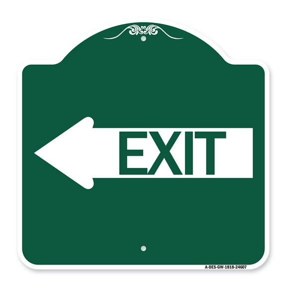 SignMission A-DES-GW-1818-24607 18 x 18 in. Designer Series Sign - Exit with Left Arrow, Green & White