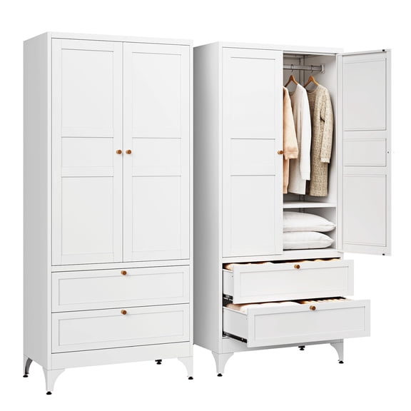 Metal Armoire Wardrobe Closet With Drawers Clothing Storage Cabinet With Doors And Shelves Coat Closet Hanging Rod Bedroom Home Organizer White Pack