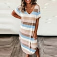 thumbnail image 2 of QIPOPIQ Robes pour Femmes Longue Robe Fluide à Volants Manches Courtes Col en V Rayures Imprimé Robe d'Été Douce Élégante Confortable Offres 2023, 2 of 6