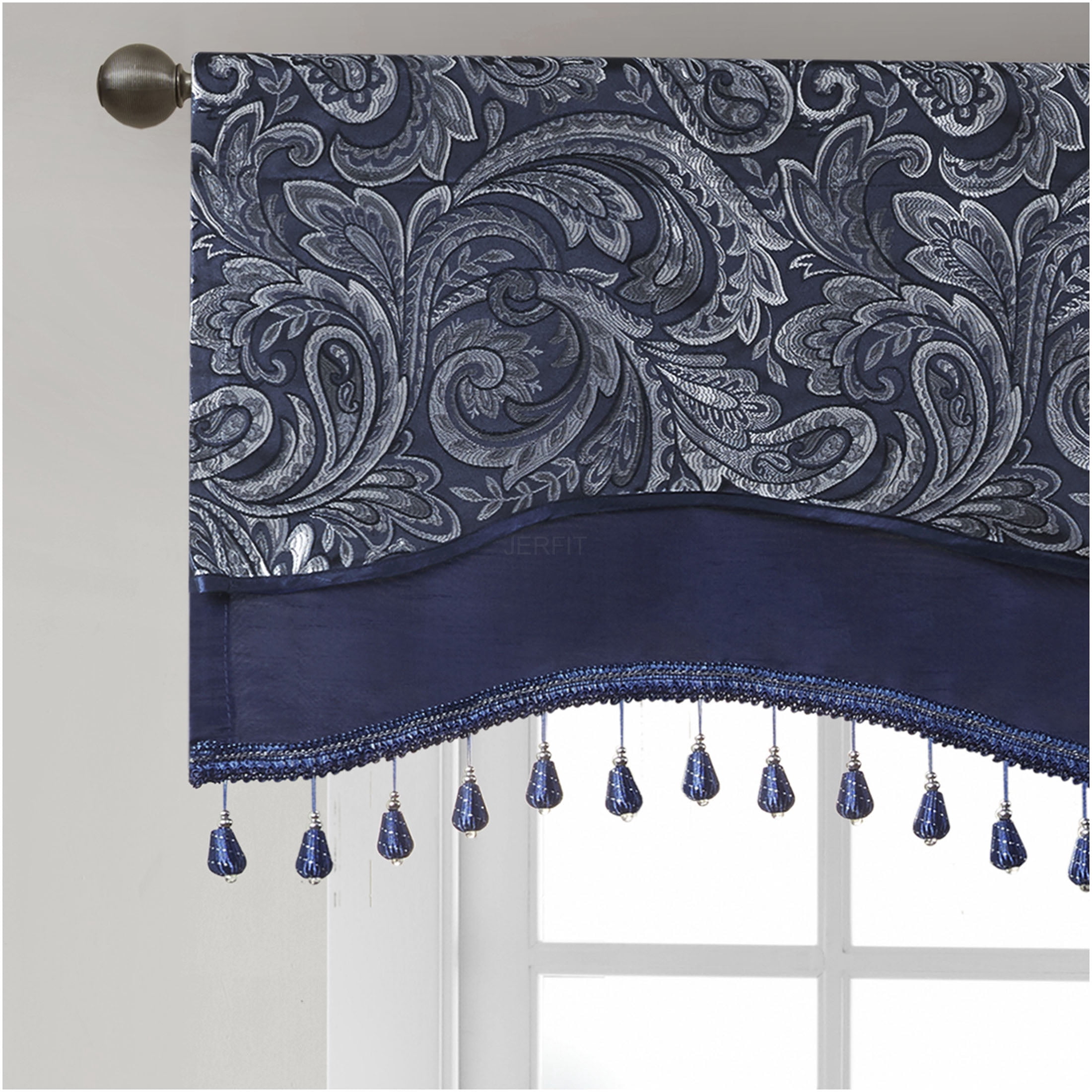 JERFIT Navy Blue Jacquard Valance with Beaded Trim, 50x18 Inch Paisley Window Curtain Valance for Rod Pocket, OEKO-TEX Certified Polyester