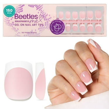 Beetles Press On Nails: 150 Pcs Pink Short Square French Tips, 4 in 1 Nail Tips Gel Nail, Pre-Applied Primer & Base Coat, No File Need DIY Manicure for Nail Extension.