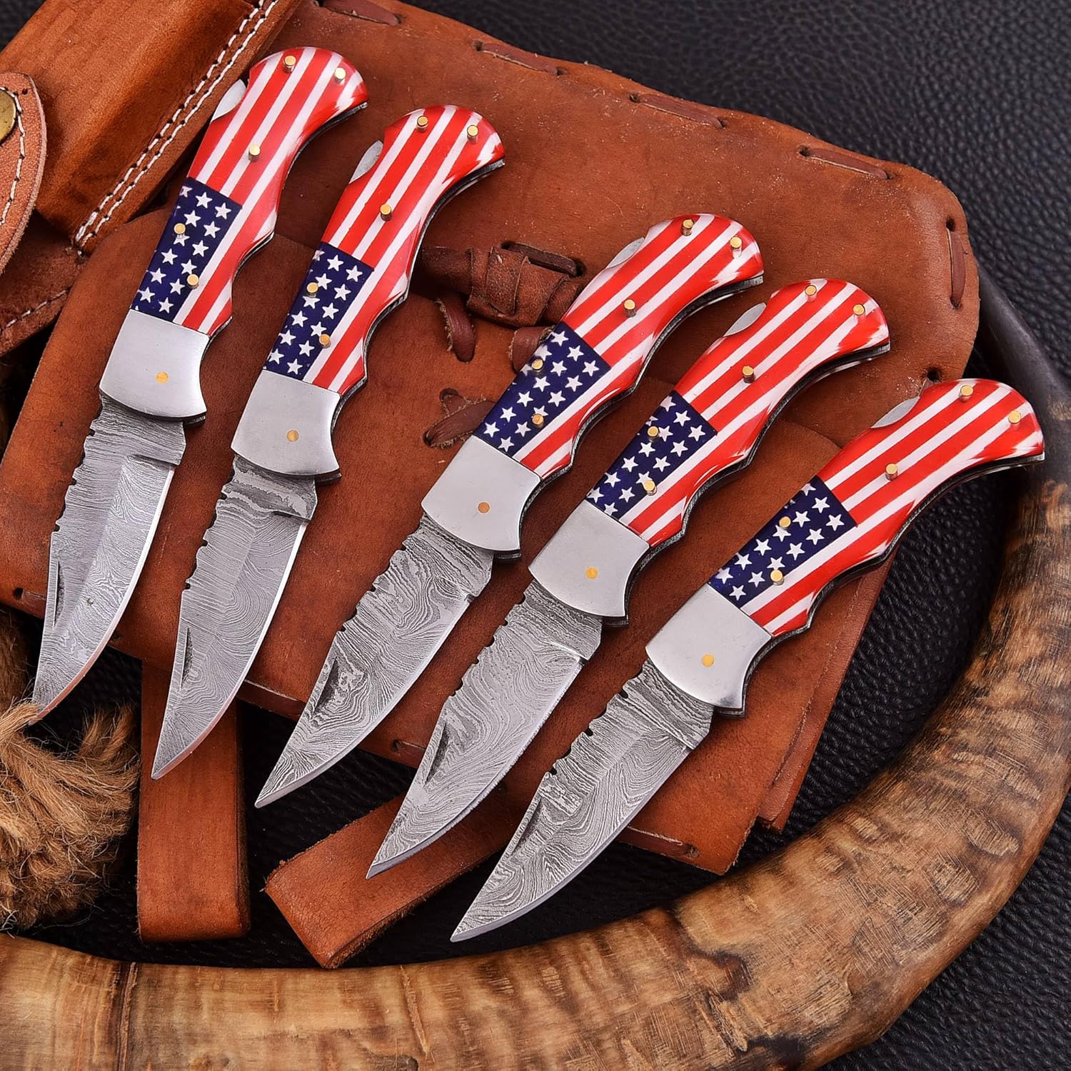 Custom Handmade Damascus Steel Folding Knife/Pocket Knife SS-17515 5 Pcs. Lot (Red and Blue Colored Resin)
