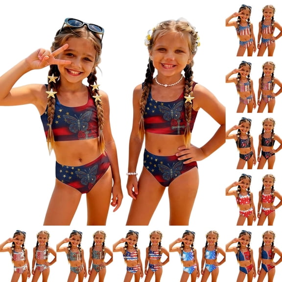 4th of July Girls Swimsuit Size 7 2 Piece Set Swim Vacation Girls Bathing Suit Beach Vacation American Flag Stars Striped Bikinis 2026 Summer Girls Clothes Kids Bikini Swim Suit Black 1-2 Years