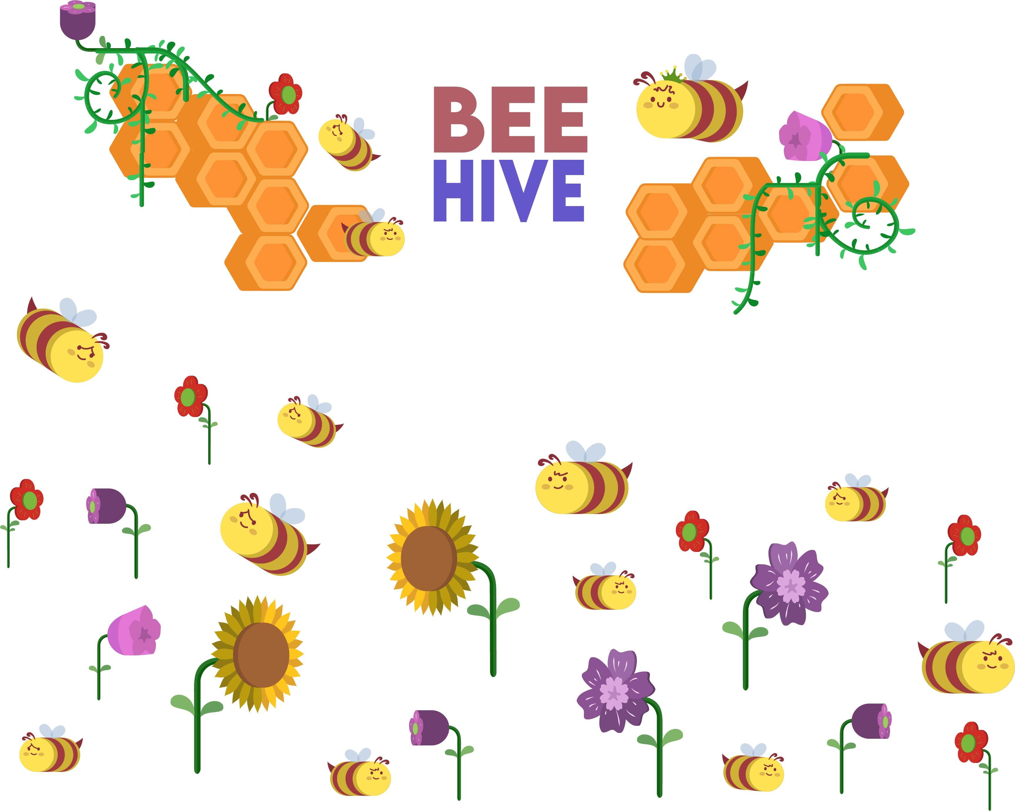 BUMBLEBEE & BEEHIVE - Vinyl Adhesive Home Living Room Insect Colony Art Decoration Beehive Honey Comb Design Wall Decal - Kids Bedroom Multicolored Plants And Flowers Wall Decor Sticker 20' x 14'