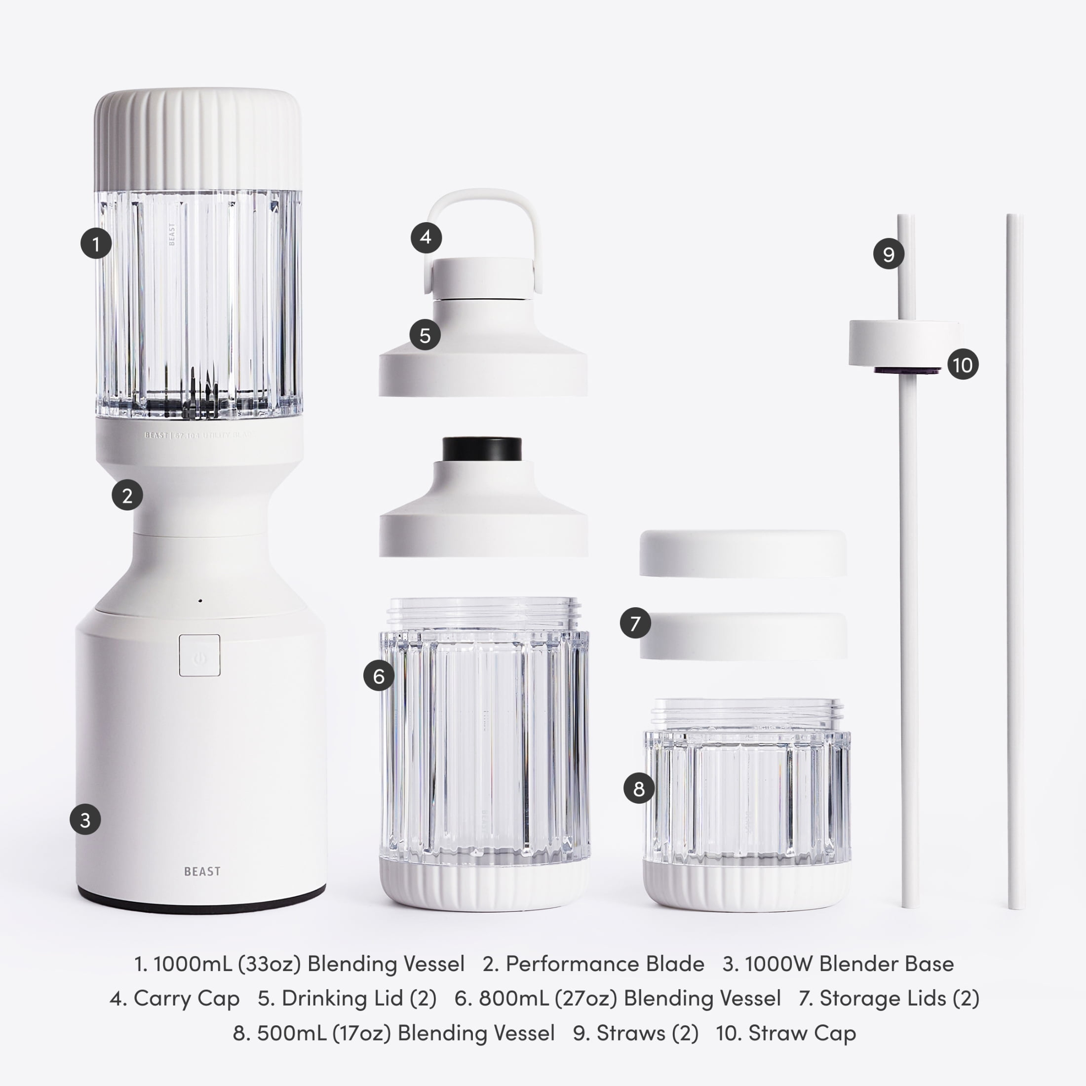The Beast Blender; Personal Countertop Blending for Smoothies, Shakes, Food Prep & Frozen Fruits & Veggies; Extra Portable Vessels, Straw Cap & Straws Included; 1000W Motor (Cloud White)