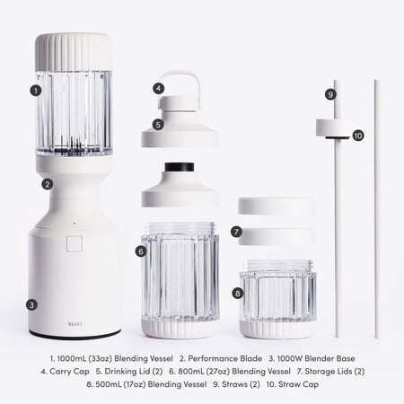 The Beast Blender; Personal Countertop Blending for Smoothies, Shakes, Food Prep & Frozen Fruits & Veggies; Extra Portable Vessels, Straw Cap & Straws Included; 1000W Motor (Cloud White)
