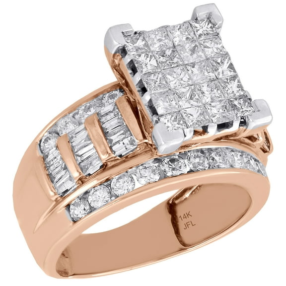 14K Rose Gold Princess & Baguette Cut Diamond Rectangle Engagement Ring 2 Ct.