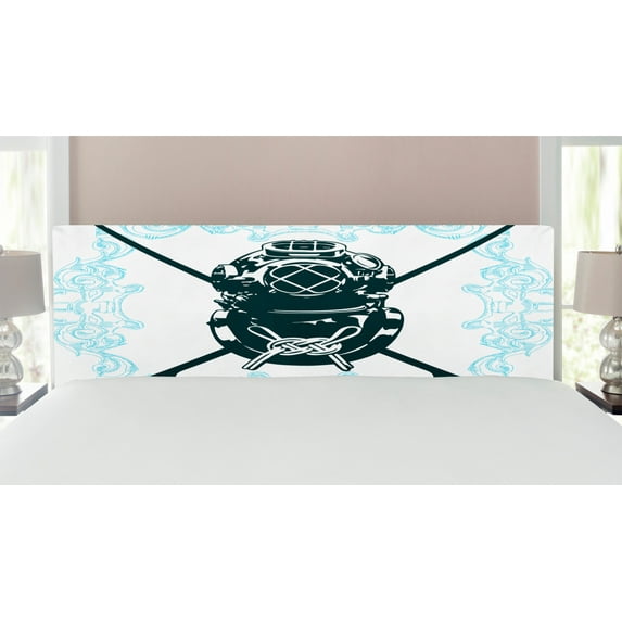 Surf Headboard, Surf Sign with Diving Suit and Elements Myst Underwater Recreational Design, Upholstered Decorative Metal Bed Headboard with Memory Foam, King Size, Dark Petrol Blue Blue, by Ambesonne