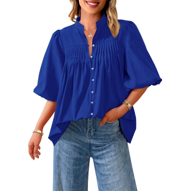 Blusa PRETTYGARDEN para mujer, verano 2025, manga corta, azul
