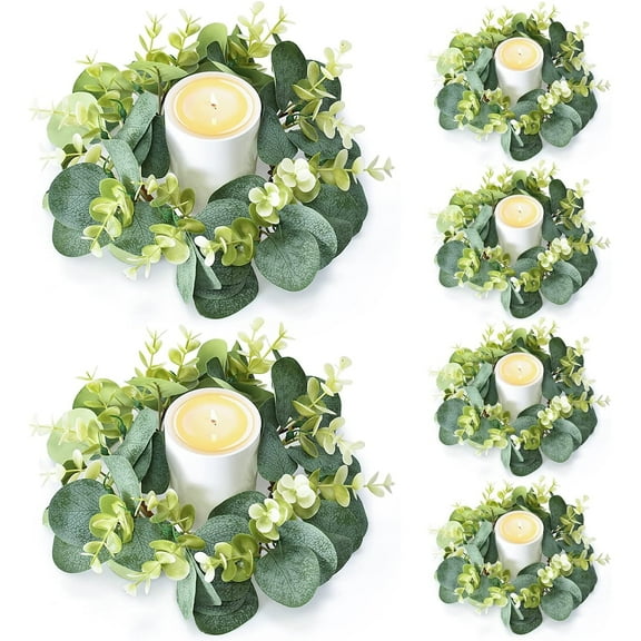 Samhe 6Pcs Candle Rings, 9.8" Artificial Eucalyptus Wreath Candles Wreaths, Small Greenery Farmhouse Wreath for Door Wedding Centerpieces Home Party Table Decor