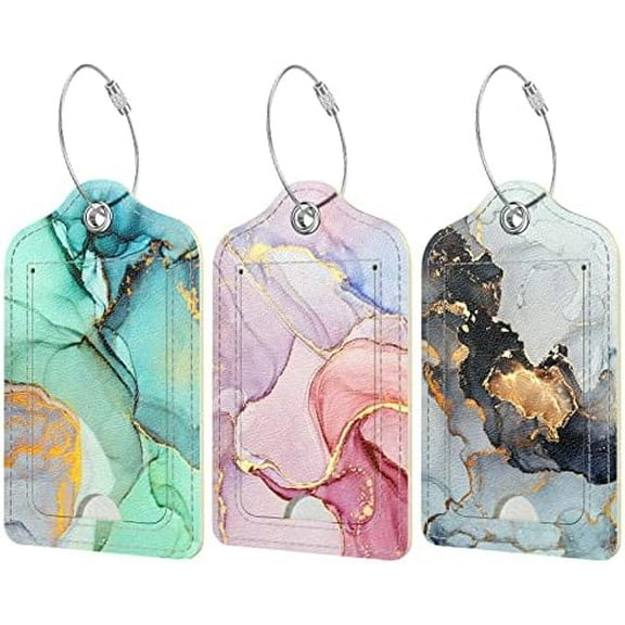 3 Pcs PU Leather Luggage Tags for Suitcase, Travel Cruise Luggage Tag with Privacy Flap, Name ID Label and Metal Loop for Women Men Baggage