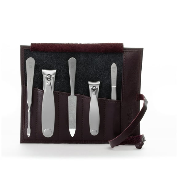 GERMANIKURE 5pc Manicure Set in Dark Purple Leather Case - Made in Solingen Germany, FINOX Stainless Steel Tools – Professional Quality Compact Nail Grooming Kit