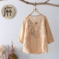 thumbnail image 4 of Brown Womens Tops Floral Tops Cotton Linen Shirts Boho Ethnic Style Tee Women 3/4 Sleeve V Neck Button Tunic Tshirt Shirts for Women, 4 of 4