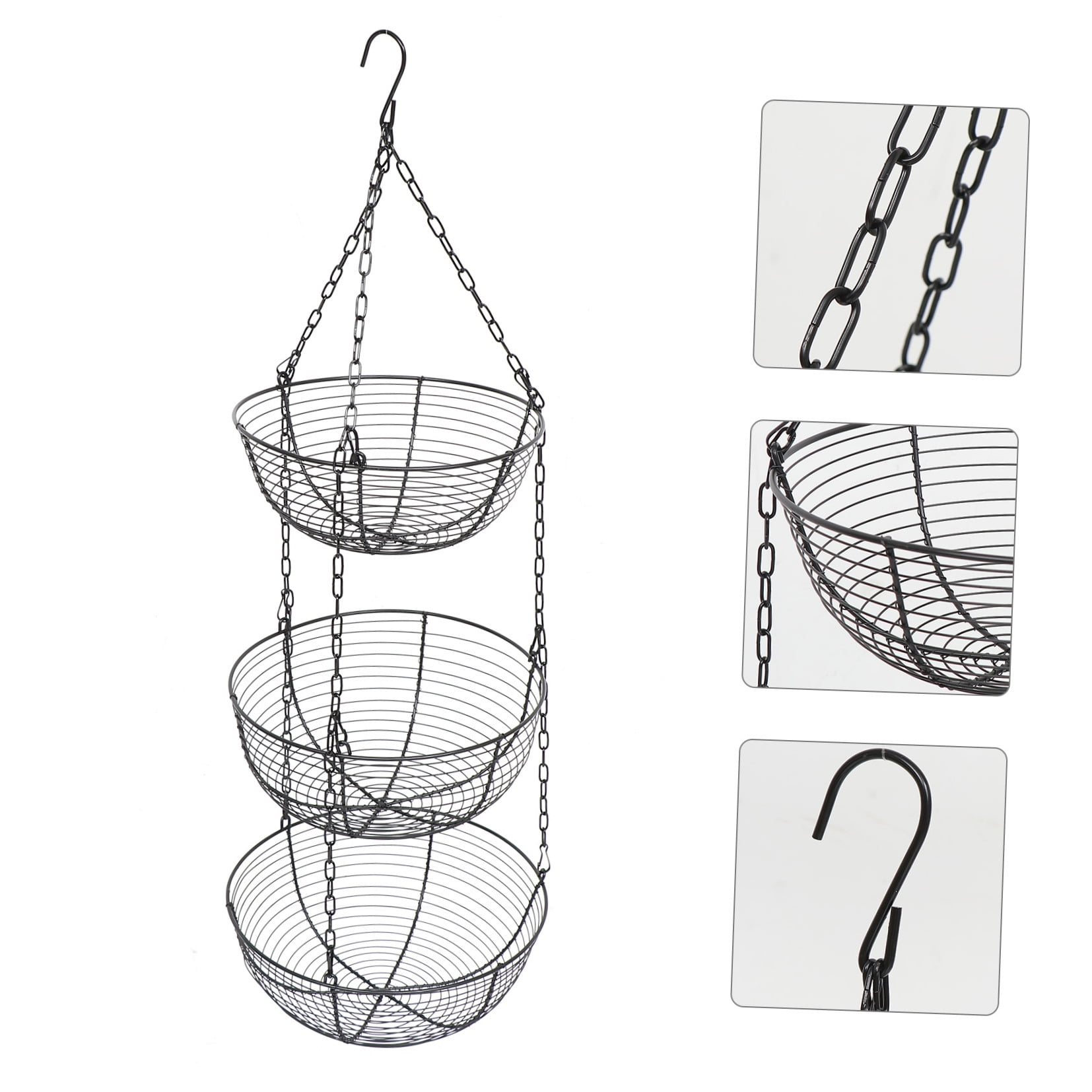 FONDOTIN 3-Tier Iron Art Hanging Basket, Black Metal Wall Mount Storage Organizer for Kitchen and Home
