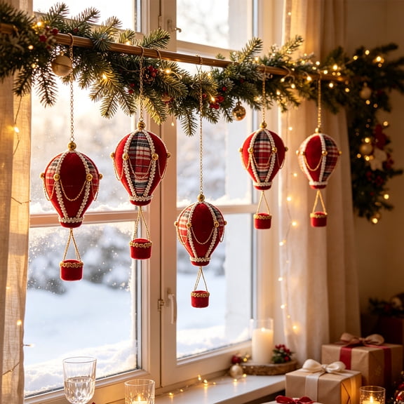 Velvet Foam Hot‑Air‑Balloon Christmas Ornament, Plaid Beaded Bow Hanging Decor for Xmas Tree Holiday Home Decoration