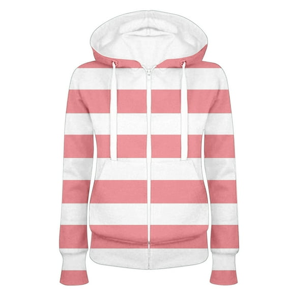 QUYUON Lightweight Full Zip Hoodie Women Striped Print Zip up Hooded Sweatshirts Drawstring Pockets Casual Winter Long Sleeve Shirts Hoodies Pullover Tops Fall Sweatshirts Sweater Coat Pink XL