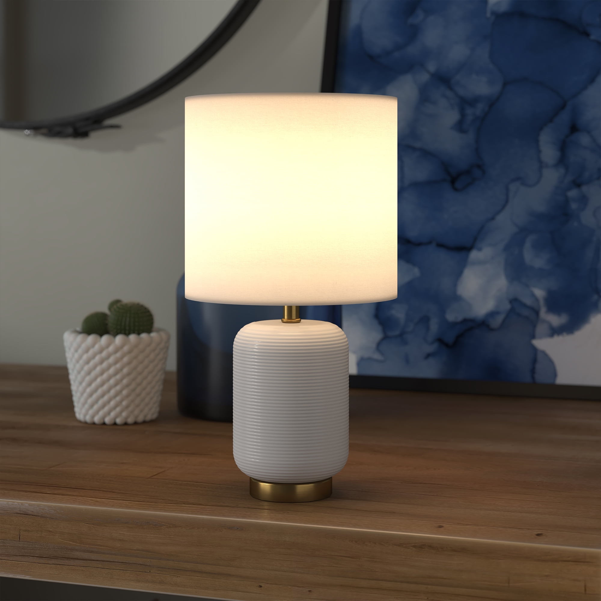 Evelyn&Zoe 15" Retro Ceramic Mini Lamp with White Drum Linen Shade