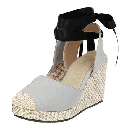 

Women Bohemian Canvas Lace-Up Sandals Thick-Soled Ethnic Style Wedge Shoes Canvas Grey Wedges for Women
