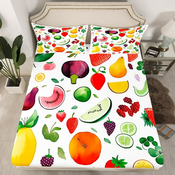 YST Colorful Fruit Fitted Sheet Twin Size For Boys Girls Cartoon Strawberry Bed Sheets For Kids,Watermelon Orange Fitted Sheet Green Leaf Bedding Home Decoration,Soft Cozy 2pcs