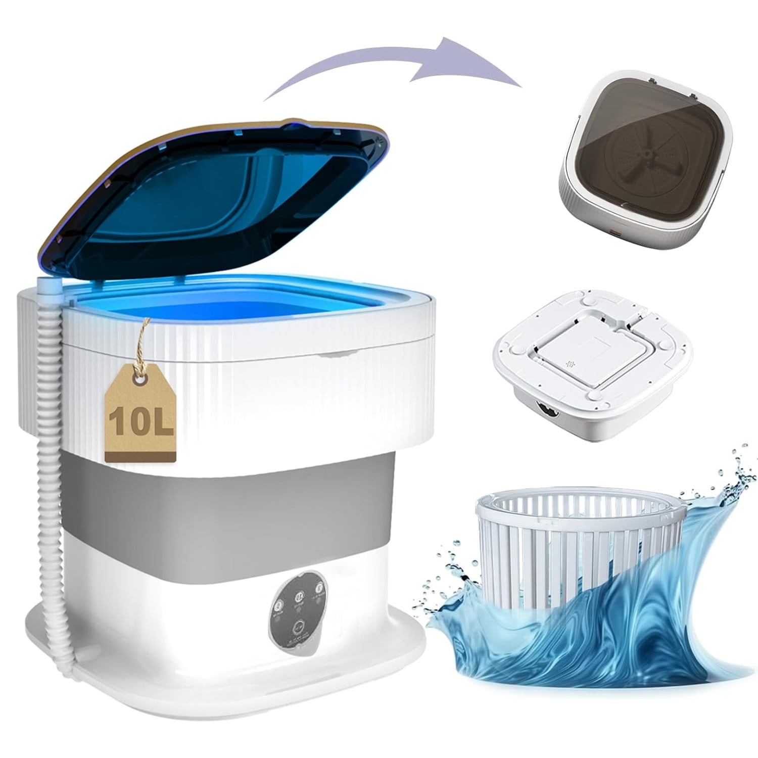 Portable Washing Machine, 10L Large Capacity Foldable Washing Machine ,Mini Washing Machine with 3 Modes Deep Cleaning for Underwear,Underpants,Socks,Baby Clothes,Pet Supplies-Grey