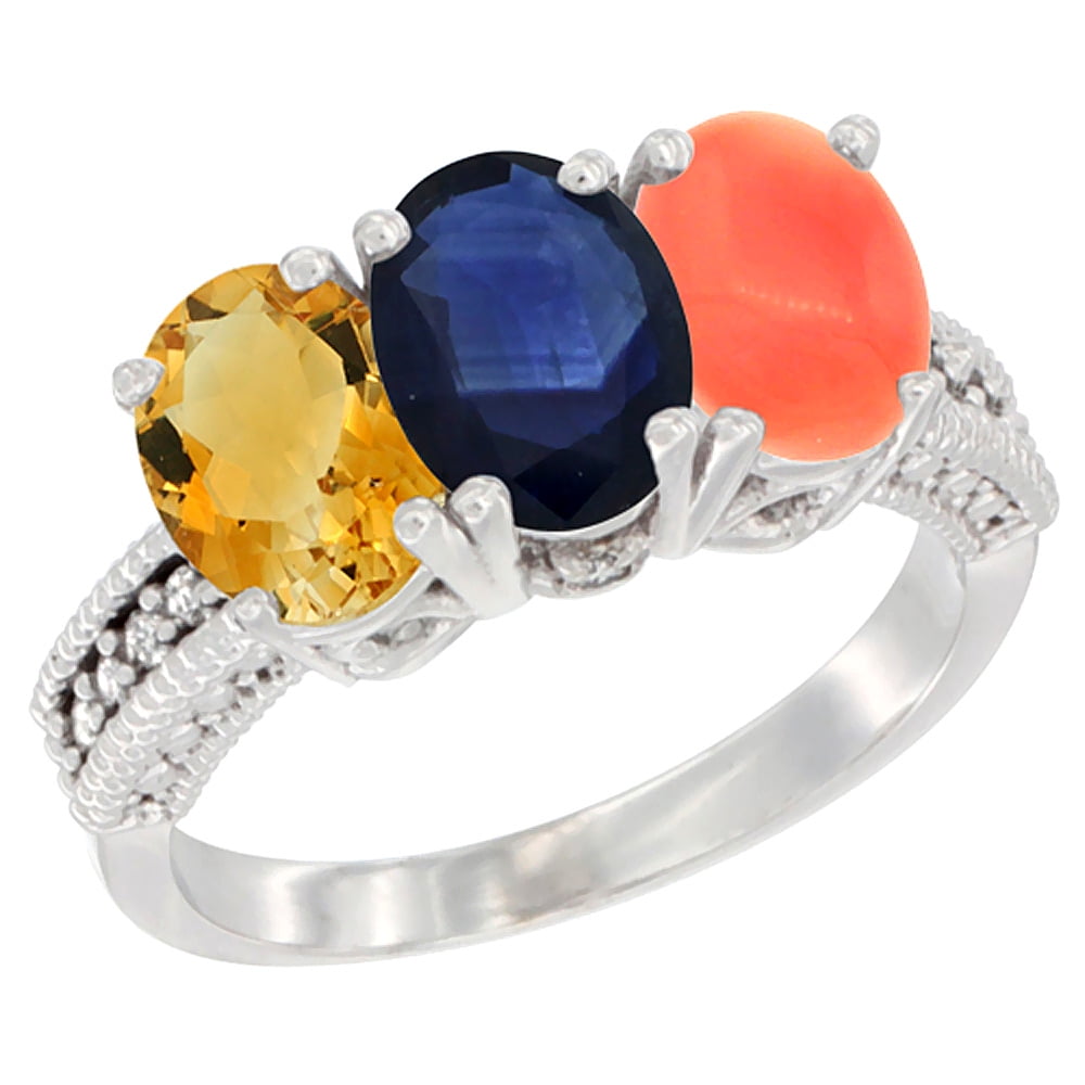 10K White Gold Natural Citrine, Blue Sapphire & Coral Ring 3-Stone Oval 7x5 mm Diamond Accent, sizes 5 10 by WorldJewels