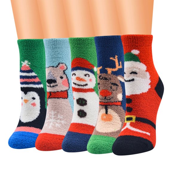 JZROCKER 10 Pairs Mixed Women Christmas Fuzzy Coral Velvet Crew Socks Cartoon Santa Printed Winter Warm Terry Towel Hosiery Xmas Holiday Gifts