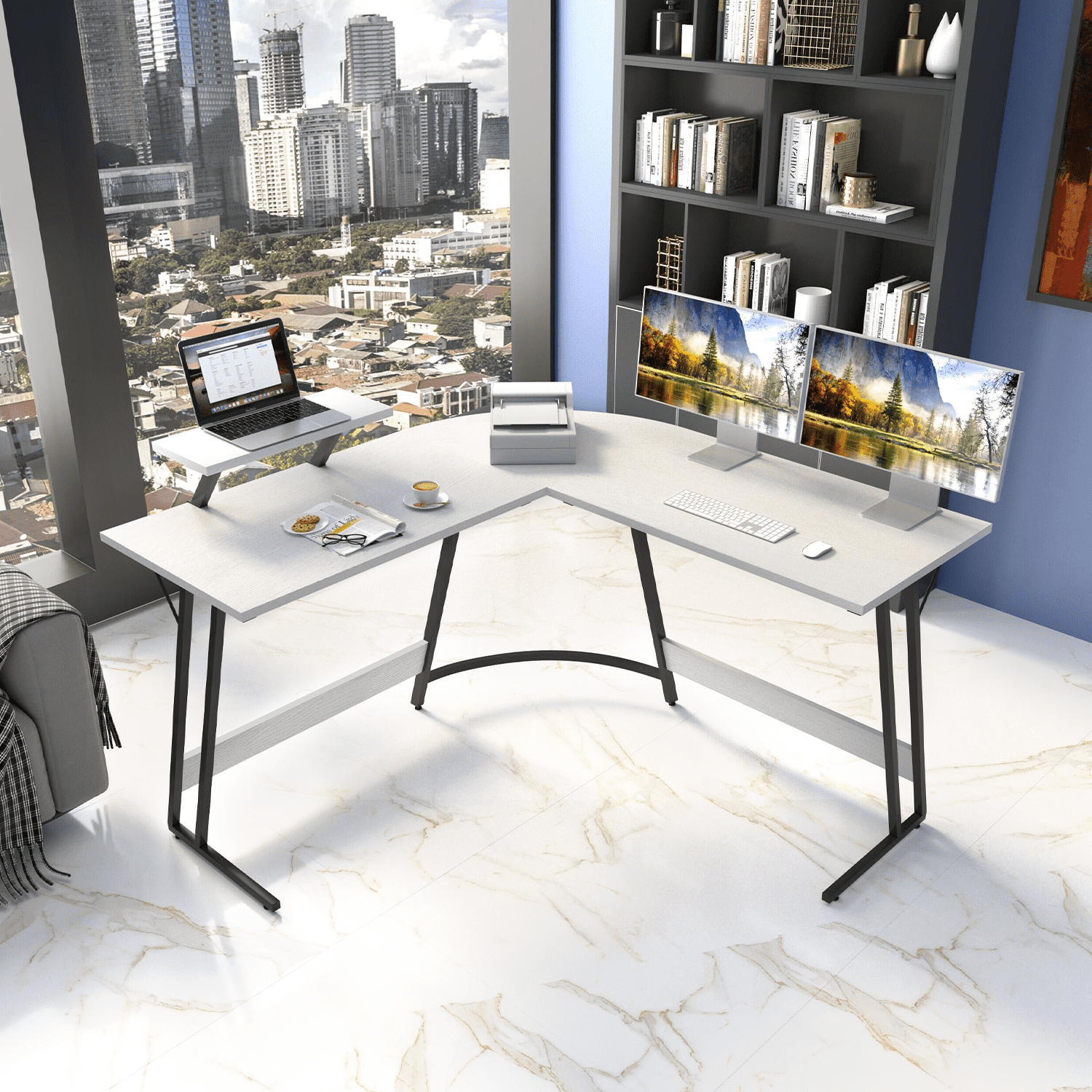 Vineego Modern L-Shaped Computer Desk with Monitor Stand, White
