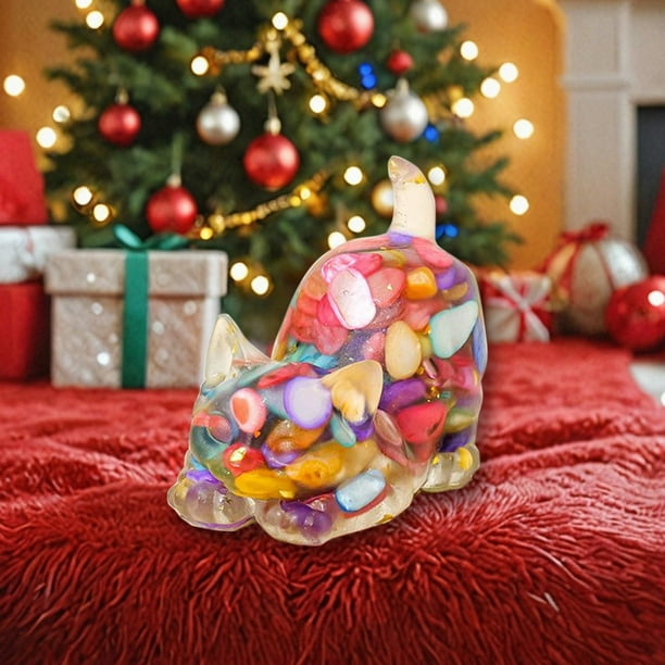 xihome Figura decorativa de gato tumbado, de resina, con grava de cristal. Ideal para decorar el hogar, el dormitorio o como regalo navideño.