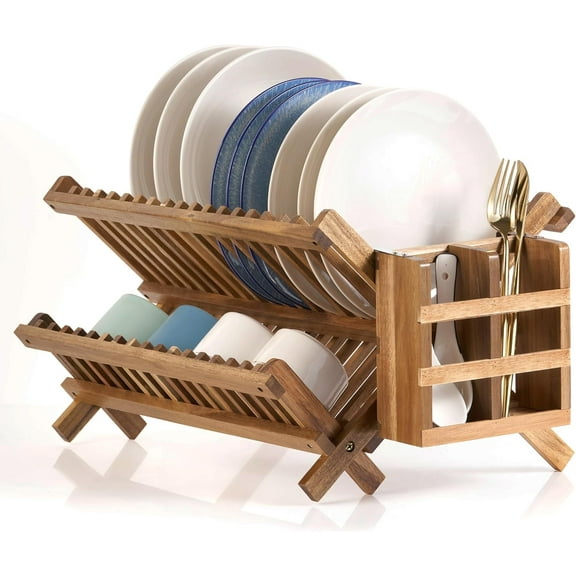 Acacia Wooden Dish Drying Rack for Kitchen Counter 2-Tier Collapsible Bmaboo Dish Drying Rack with Utensil Holder-Large Folding Dish Drainer Rack with Flatware Holder 34 pcs Grid