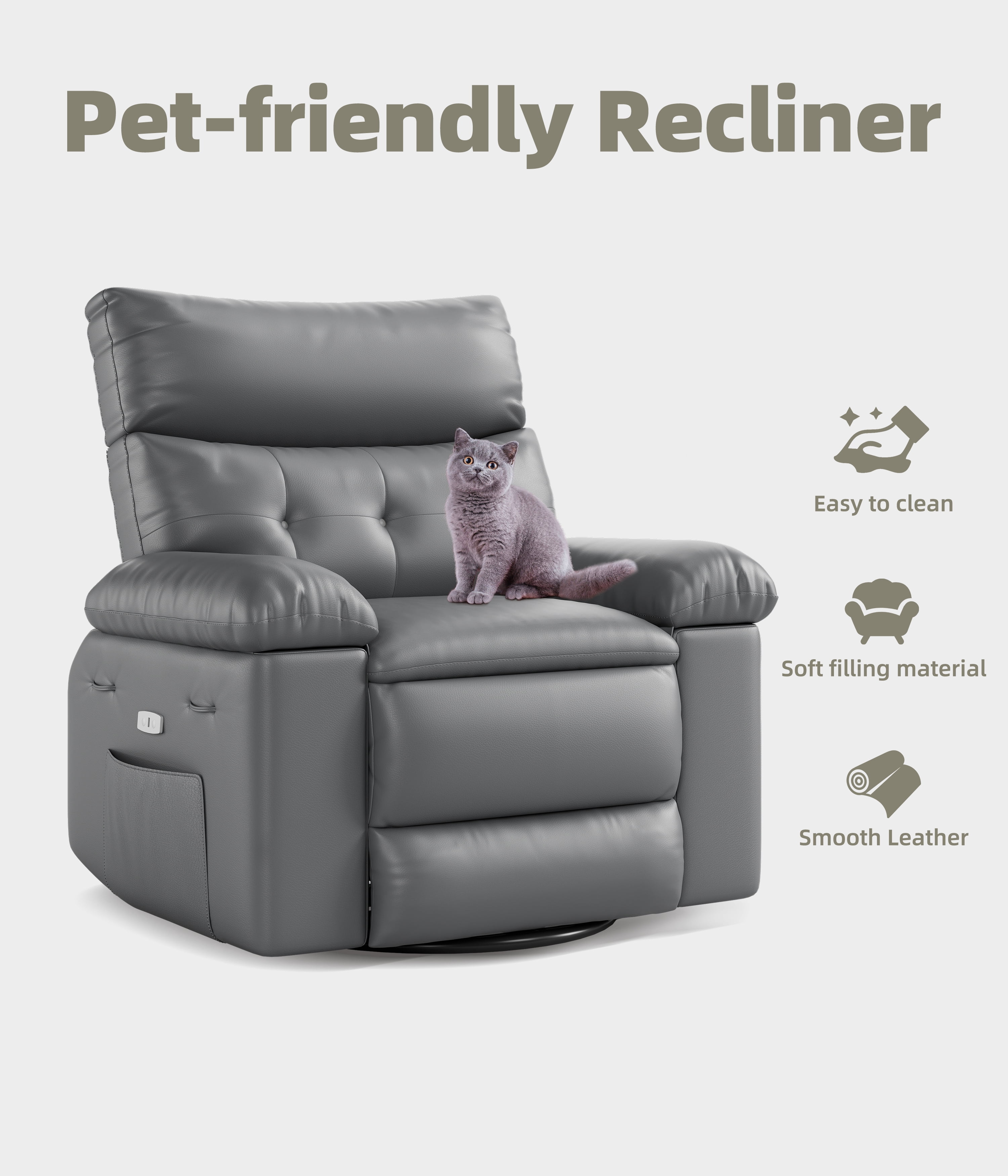 Manual Recliner Swivel Chair with Side Pocket, PU Leather Living Room Recliner, Space-Saving Single Sofa for Bedroom, Nursery & RV