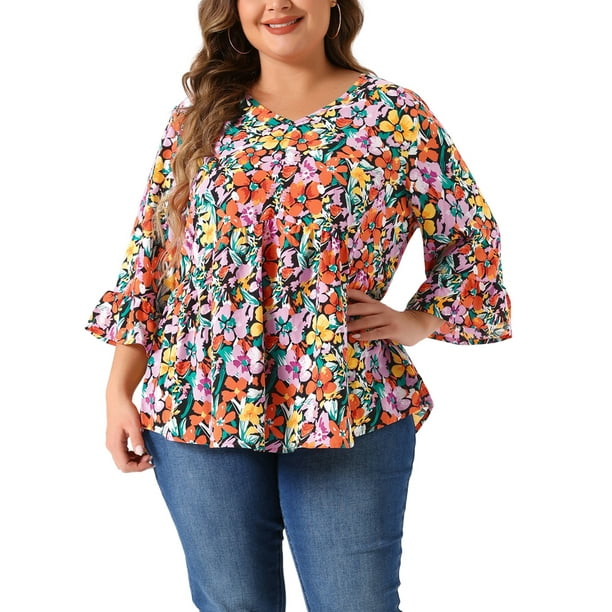 Blusas florales de talla grande para mujeres Agnes Orinda, con escote en V, volantes, mangas 3/4, estilo babydoll y peplum, 3X, naranja y negro