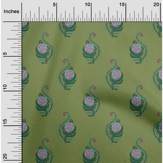 oneOone Cotton Cambric Fabric Leaves & Floral Block Printed Fabric 1 Yard 56 Inch Wide