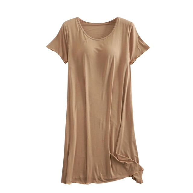 AherBiu Robes de Pyjama pour Femmes à Manches Courtes, Col Ras du Cou, Vêtements de Nuit Confortables, Chemises de Nuit avec Soutien-Gorge Intégré
