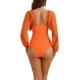 thumbnail image 3 of Bikini de una pieza con escote en V, mangas largas, malla y control de abdomen, color naranja, talla X-Small, 3 of 5