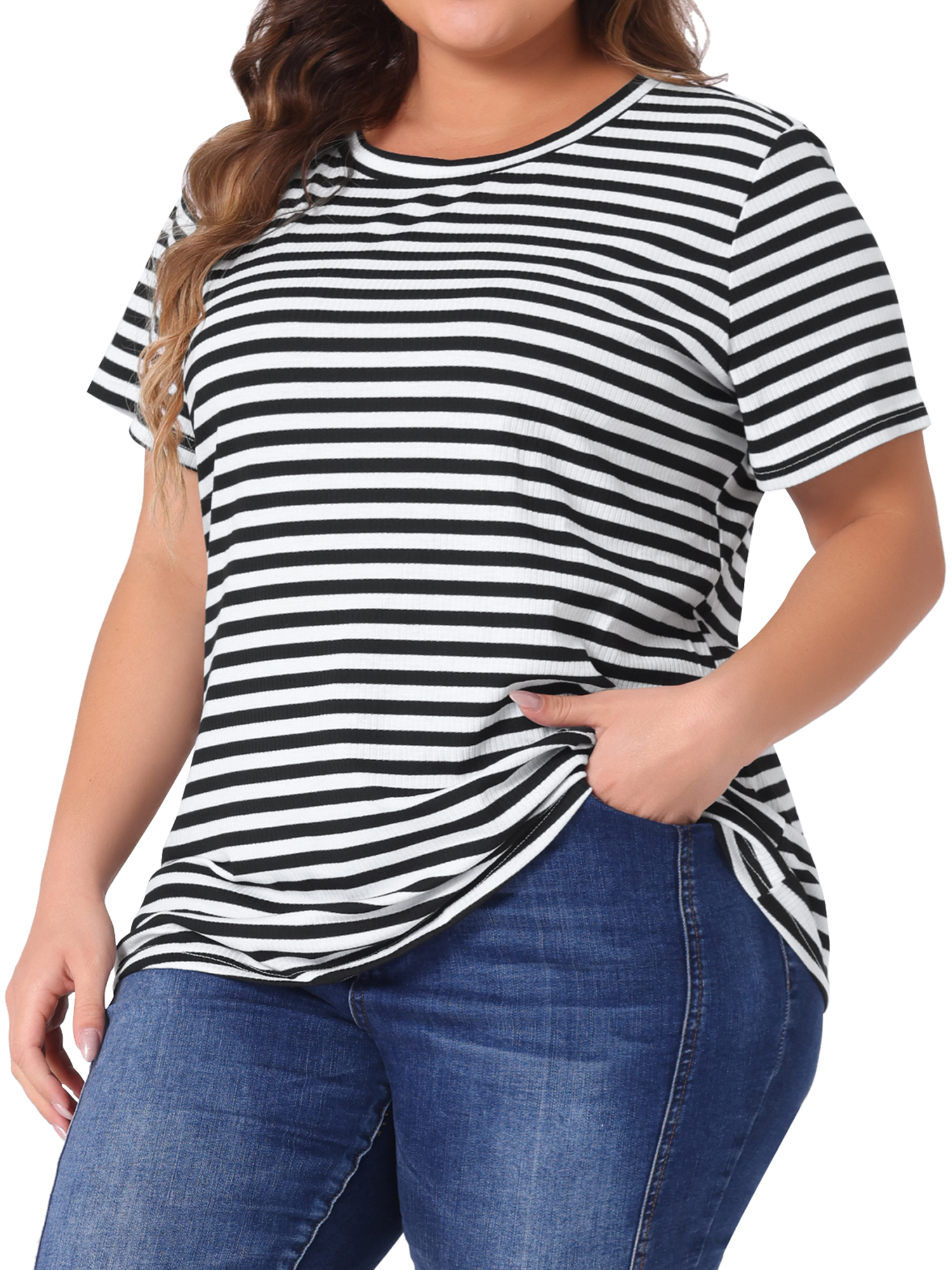 Unique Bargains Women's Plus Size Short Sleeve Crew Neck Striped Top 2X Black White