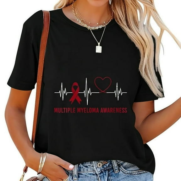 Womens Heartbeat Multiple Myeloma Awareness Month Burgundy Ribbon Round Neck T Shirt Black