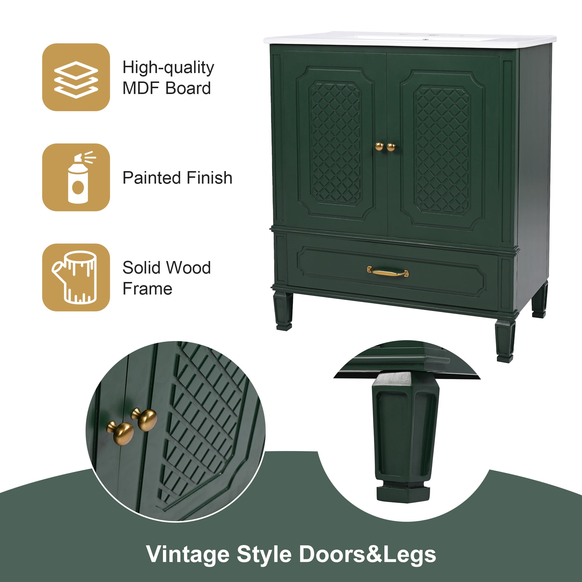 Euroco 30" Bathroom Vanity with Sink Vintage Style, Multi-functional Storage Space, Door Shelf, Soft-closing Door, Green (same sku: N759P218644F)