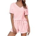 thumbnail image 2 of Hrsba Solid Color V Neck Short Sleeve Tops with Drawstring Waist Shorts 2 Piece Set for Women Summer Casual Daily Outfits, 2 of 5