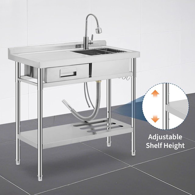 OUYAWEI Freestanding Stainless Steel Utility Sink with Workbench,Left Drawer,Commercial Kitchen Sink with Faucet,Hot & Cold Water,Storage Shelf,S-Hook,Knife Holder,Adjustable Leg for Indoor Outdoor