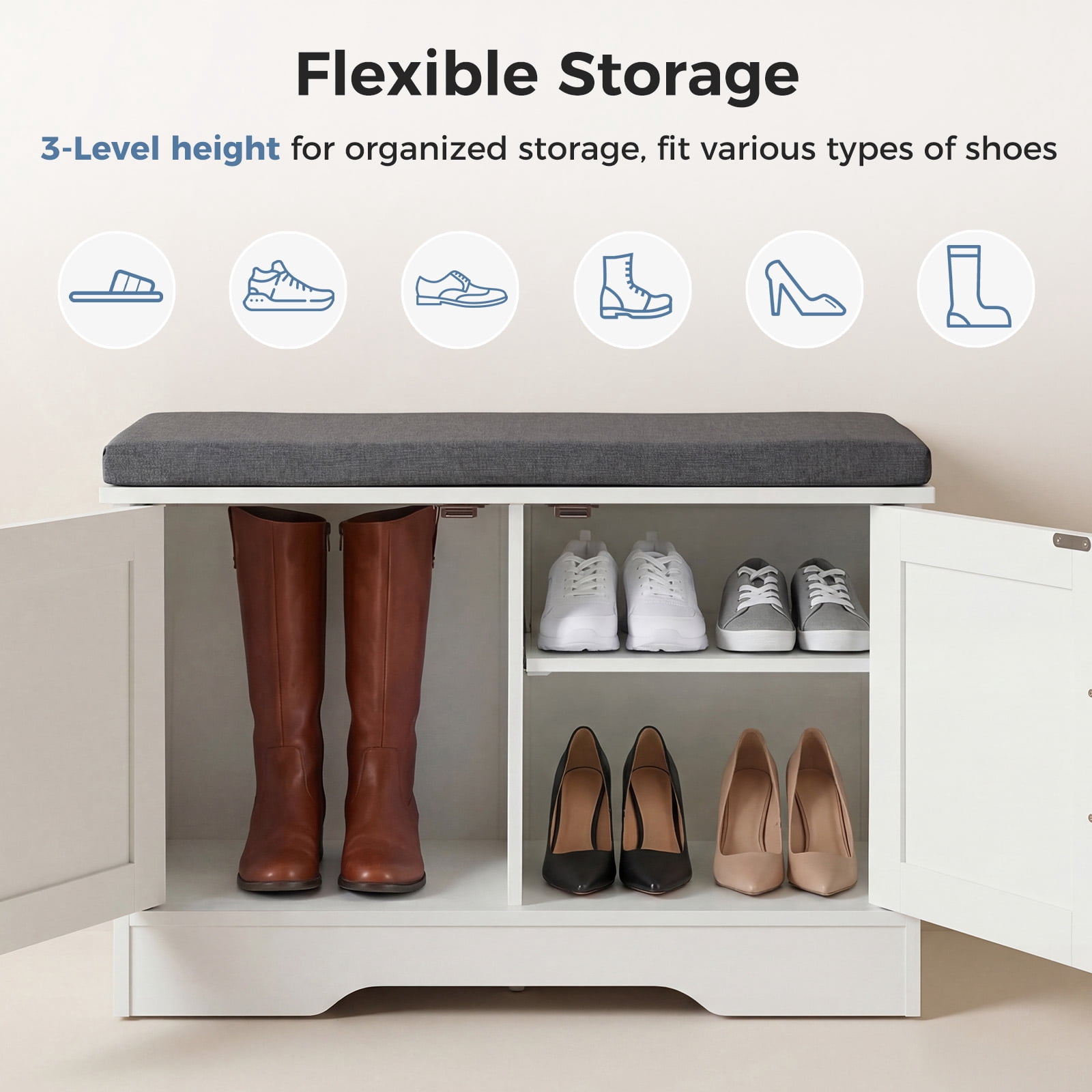 Hommoo Wooden Shoe Storage Cabinet with Cushioned Seat, 28-inch Modern Entryway Organizer for Living Room, Hallway & Bedroom, White & Gray