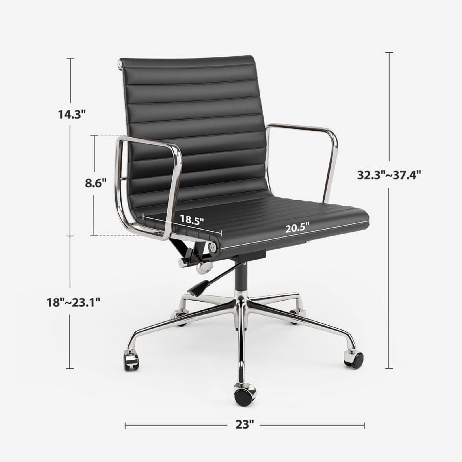 Cottinch Ribbed Office Chair Mid Back Genuine Leather Ergonomic Desk Chair with Arms, Adjustable Height Executive Conference Task Chair Swivel Chair for Home Office, Black
