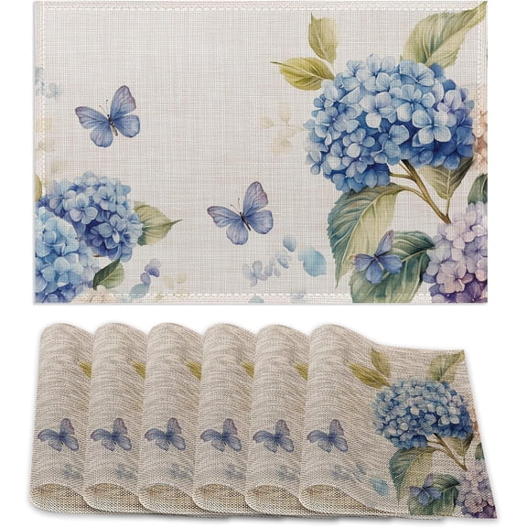 6 Pcs Placemats,Blue Hydrangea Placemat,Butterfly Floral Table Mats Washable Recyclable Table Placemats for Indoor Outdoor Heat Resistant Kitchen Dining 12"x18"